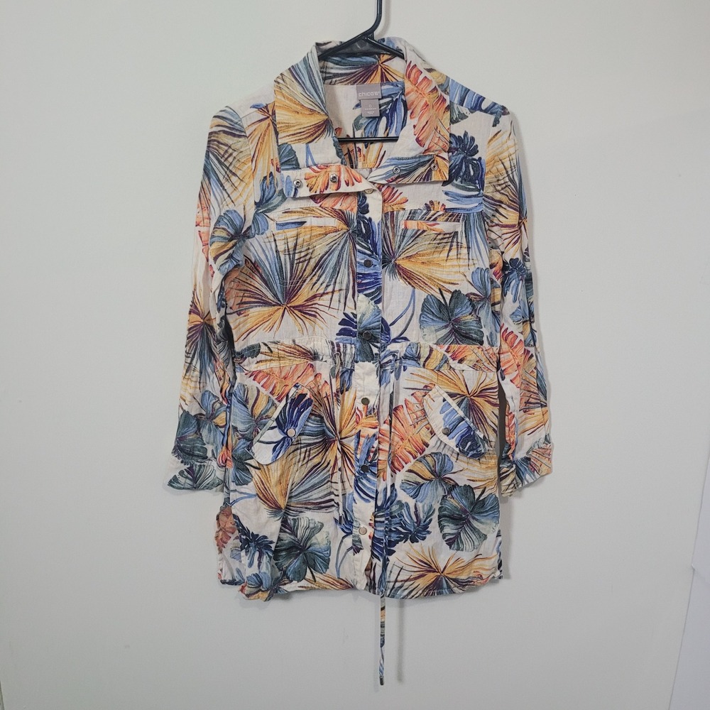 Chico's 0 US 4/6 Linen Utility Jacket Womens Tropical Palm Leaf Print Multicolor